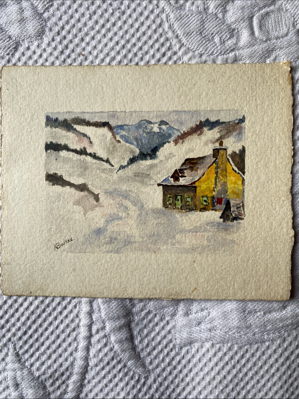 Vintage Postcard Art Yellow Cottage Winter Scene Watercolor
